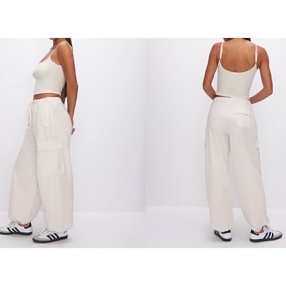 New Good American Size 1 PARACHUTE PANTS Mid rise Cloud White *Stain*